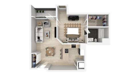 A top-down view of a house layout with a living room, kitchen, and two bedrooms.
